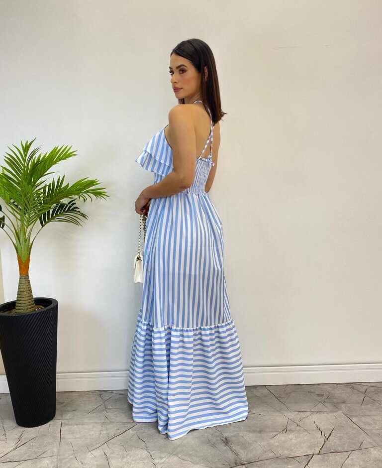 Vestido Longo Sophia sem Bojo Detalhe em Babado Listrado Azul - Fernanda Ramos Store
