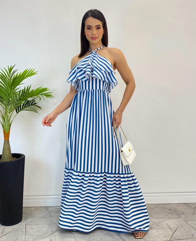Vestido Longo Sophia sem Bojo Detalhe em Babado Listrado de Azul - Fernanda Ramos Store