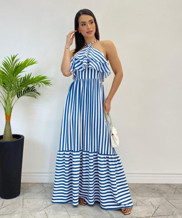 Vestido Longo Sophia sem Bojo Detalhe em Babado Listrado de Azul - Fernanda Ramos Store