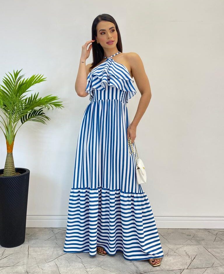 Vestido Longo Sophia sem Bojo Detalhe em Babado Listrado de Azul - Fernanda Ramos Store