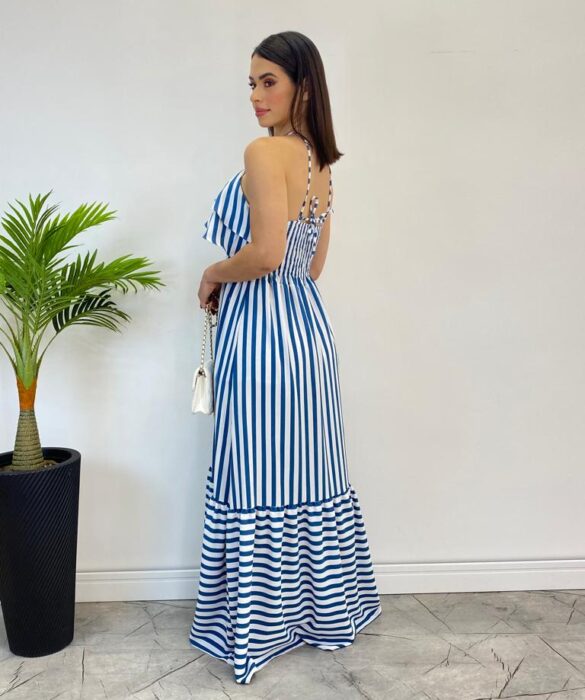 Vestido Longo Sophia sem Bojo Detalhe em Babado Listrado de Azul - Fernanda Ramos Store