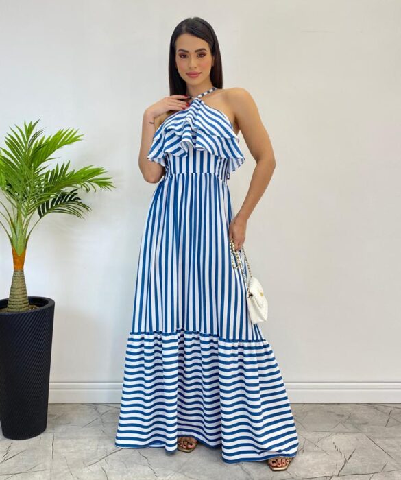 Vestido Longo Sophia sem Bojo Detalhe em Babado Listrado de Azul - Fernanda Ramos Store