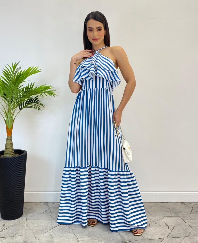 Vestido Longo Sophia sem Bojo Detalhe em Babado Listrado de Azul - Fernanda Ramos Store