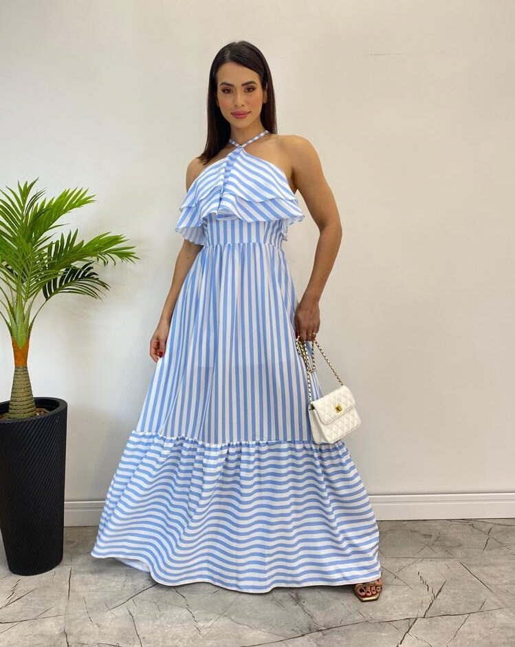 Vestido Longo Sophia sem Bojo Detalhe em Babado Listrado Azul - Fernanda Ramos Store
