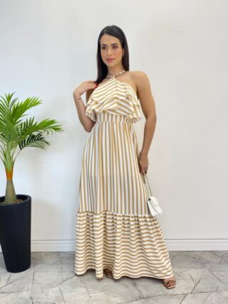 Vestido Longo Sophia sem Bojo Detalhe em Babado Listrado de Bege - Fernanda Ramos Store