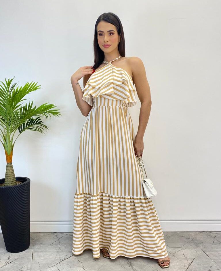 Vestido Longo Sophia sem Bojo Detalhe em Babado Listrado de Bege - Fernanda Ramos Store