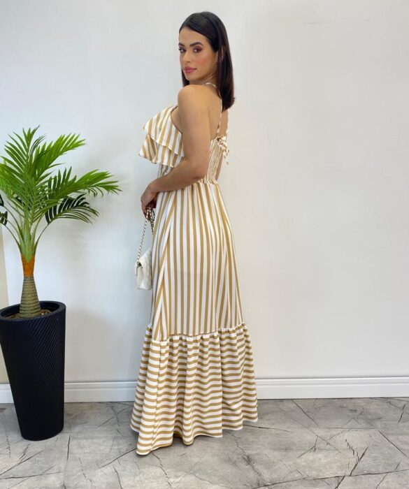 Vestido Longo Sophia sem Bojo Detalhe em Babado Listrado de Bege - Fernanda Ramos Store