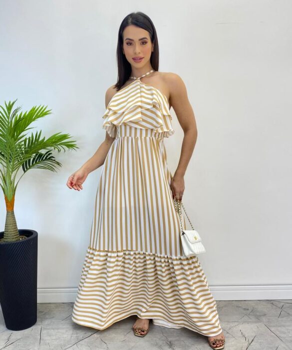 Vestido Longo Sophia sem Bojo Detalhe em Babado Listrado de Bege - Fernanda Ramos Store