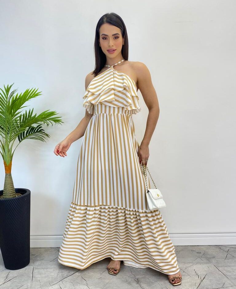 Vestido Longo Sophia sem Bojo Detalhe em Babado Listrado de Bege - Fernanda Ramos Store