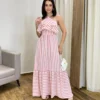 Vestido Longo Sophia sem Bojo Detalhe em Babado Listrado de Rosé - Fernanda Ramos Store