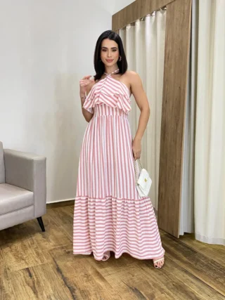 Vestido Longo Sophia sem Bojo Detalhe em Babado Listrado de Rosé - Fernanda Ramos Store