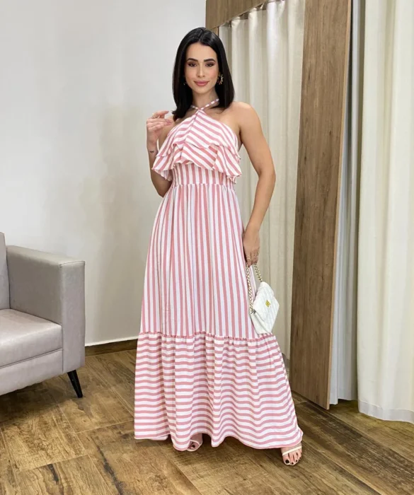 Vestido Longo Sophia sem Bojo Detalhe em Babado Listrado de Rosé - Fernanda Ramos Store