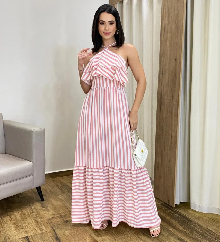 Vestido Longo Sophia sem Bojo Detalhe em Babado Listrado de Rosé - Fernanda Ramos Store