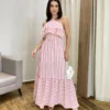 Vestido Longo Sophia sem Bojo Detalhe em Babado Listrado de Rosé - Fernanda Ramos Store