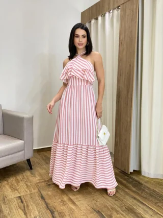 Vestido Longo Sophia sem Bojo Detalhe em Babado Listrado de Rosé - Fernanda Ramos Store