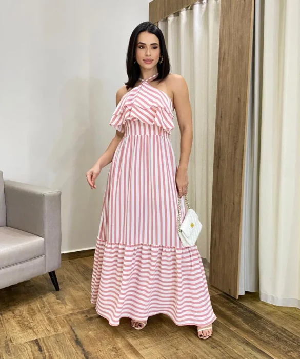 Vestido Longo Sophia sem Bojo Detalhe em Babado Listrado de Rosé - Fernanda Ramos Store