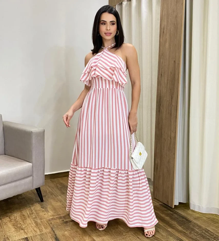 Vestido Longo Sophia sem Bojo Detalhe em Babado Listrado de Rosé - Fernanda Ramos Store