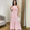 Vestido Longo Sophia sem Bojo Detalhe em Babado Listrado de Rosé - Fernanda Ramos Store