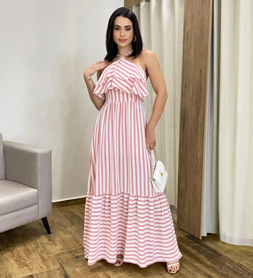 Vestido Longo Sophia sem Bojo Detalhe em Babado Listrado de Rosé - Fernanda Ramos Store