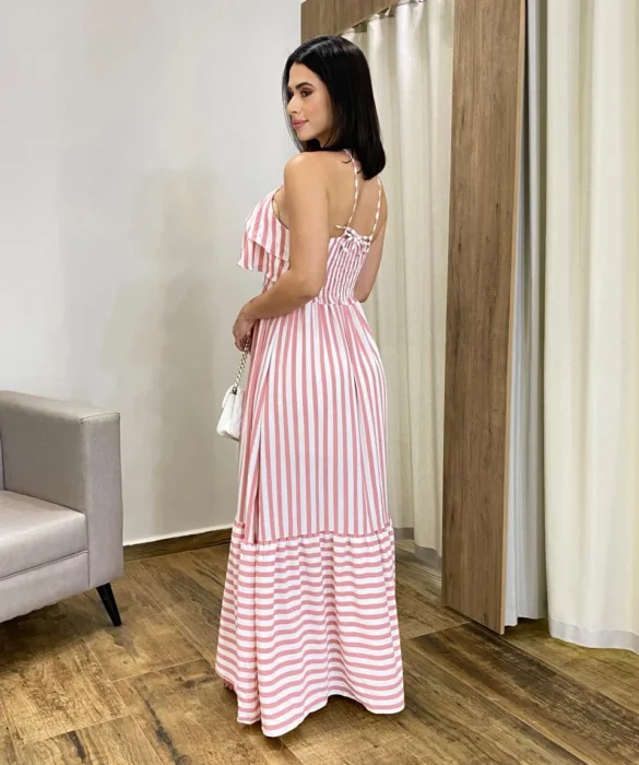 Vestido Longo Sophia sem Bojo Detalhe em Babado Listrado de Rosé - Fernanda Ramos Store