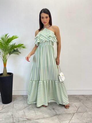 Vestido Longo Sophia sem Bojo Detalhe em Babado Listrado de Verde - Fernanda Ramos Store