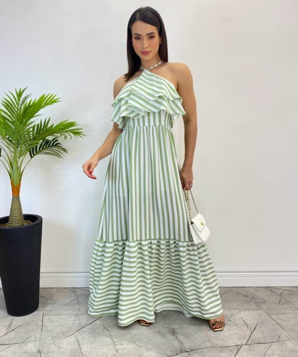 Vestido Longo Sophia sem Bojo Detalhe em Babado Listrado de Verde - Fernanda Ramos Store