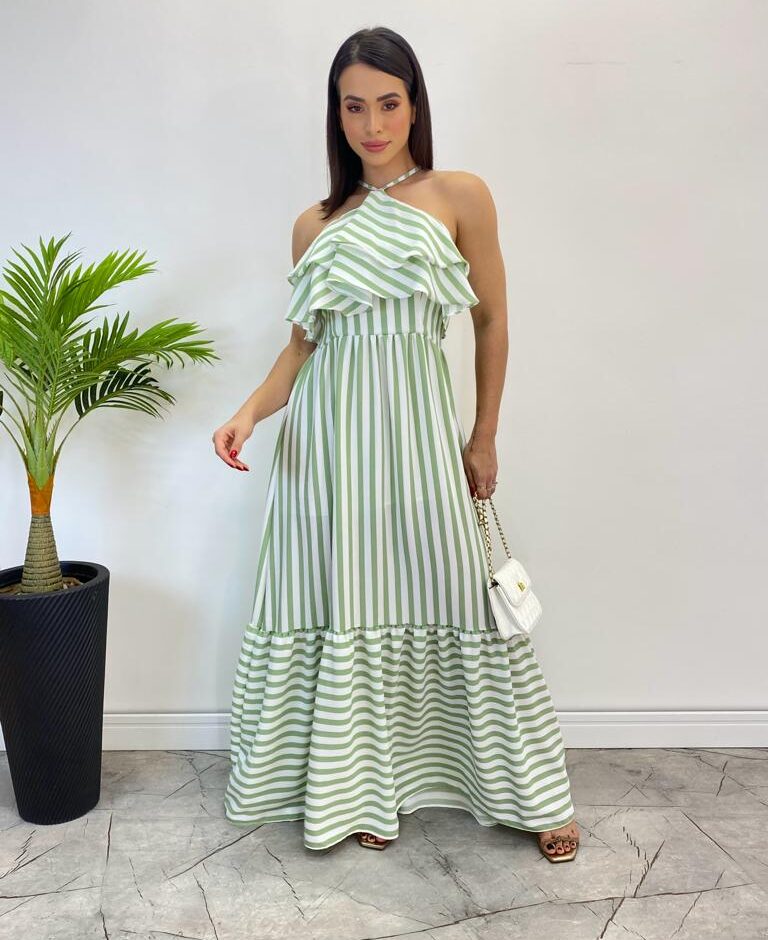 Vestido Longo Sophia sem Bojo Detalhe em Babado Listrado de Verde - Fernanda Ramos Store