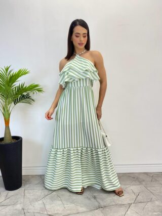 Vestido Longo Sophia sem Bojo Detalhe em Babado Listrado de Verde - Fernanda Ramos Store