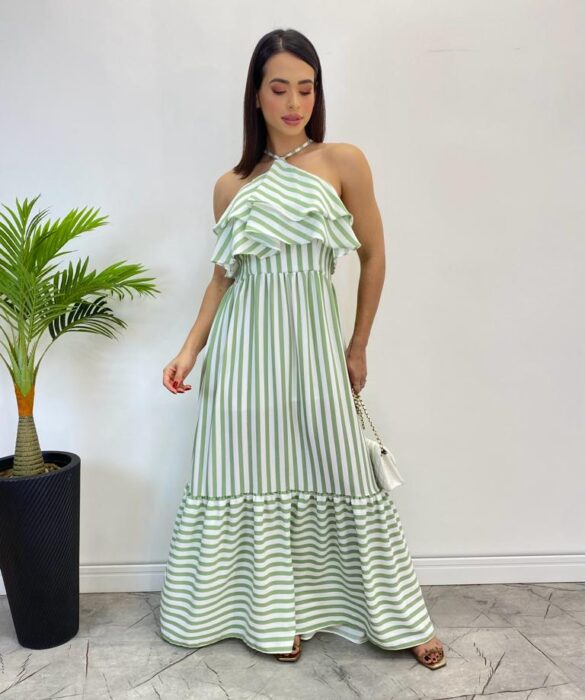 Vestido Longo Sophia sem Bojo Detalhe em Babado Listrado de Verde - Fernanda Ramos Store