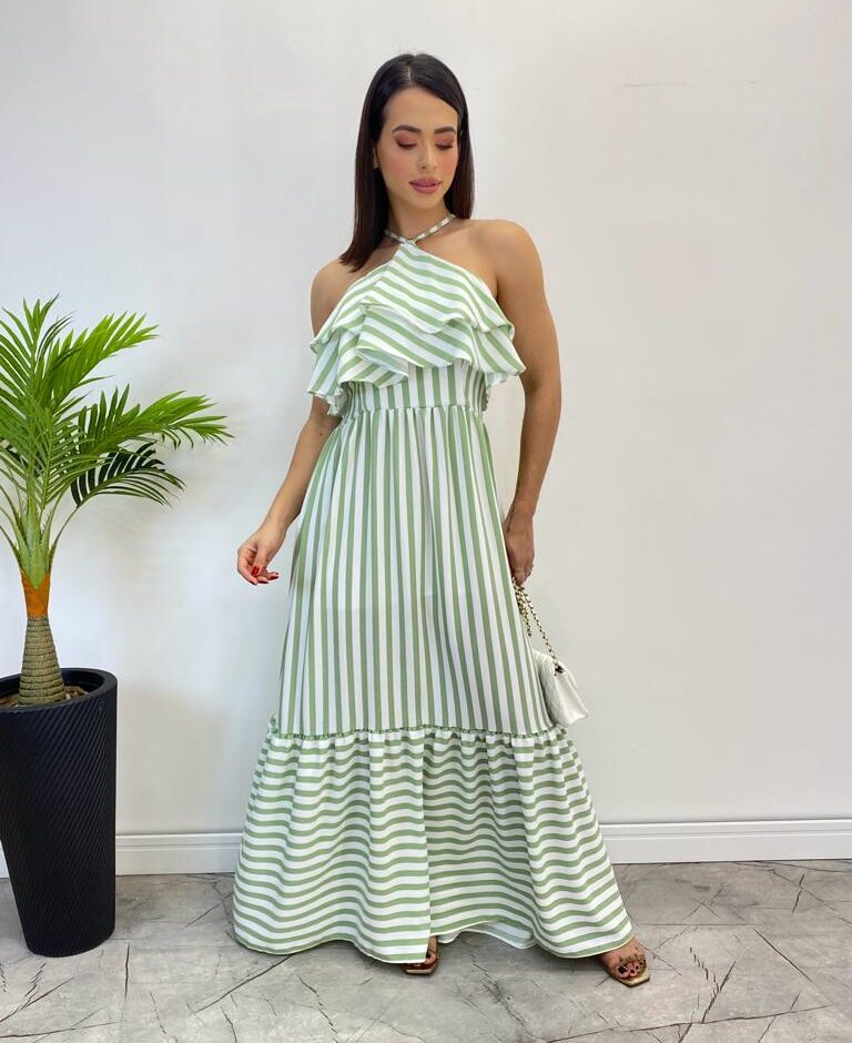 Vestido Longo Sophia sem Bojo Detalhe em Babado Listrado de Verde - Fernanda Ramos Store