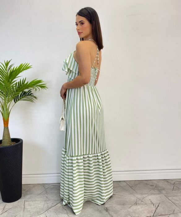 Vestido Longo Sophia sem Bojo Detalhe em Babado Listrado de Verde - Fernanda Ramos Store