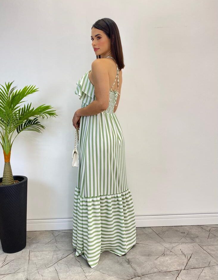 Vestido Longo Sophia sem Bojo Detalhe em Babado Listrado de Verde - Fernanda Ramos Store