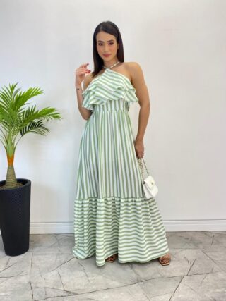 Vestido Longo Sophia sem Bojo Detalhe em Babado Listrado de Verde - Fernanda Ramos Store