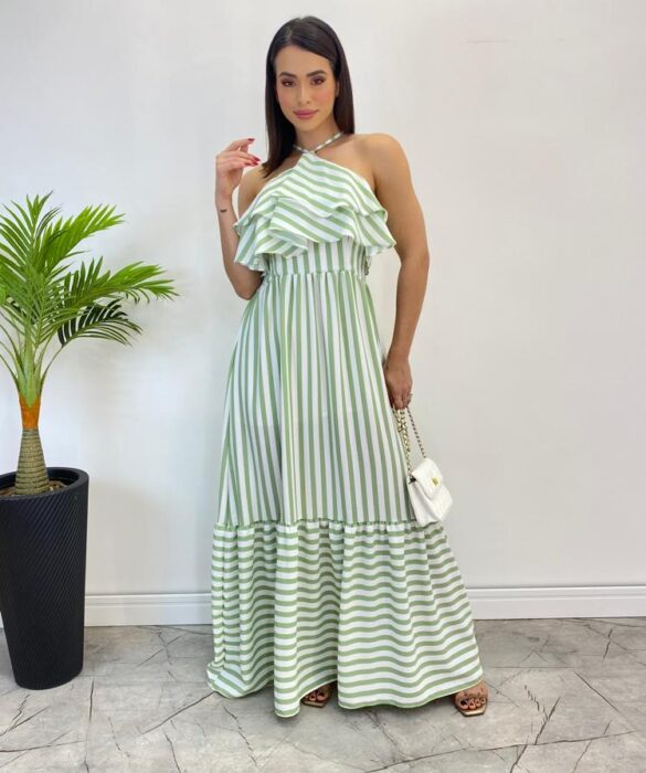 Vestido Longo Sophia sem Bojo Detalhe em Babado Listrado de Verde - Fernanda Ramos Store