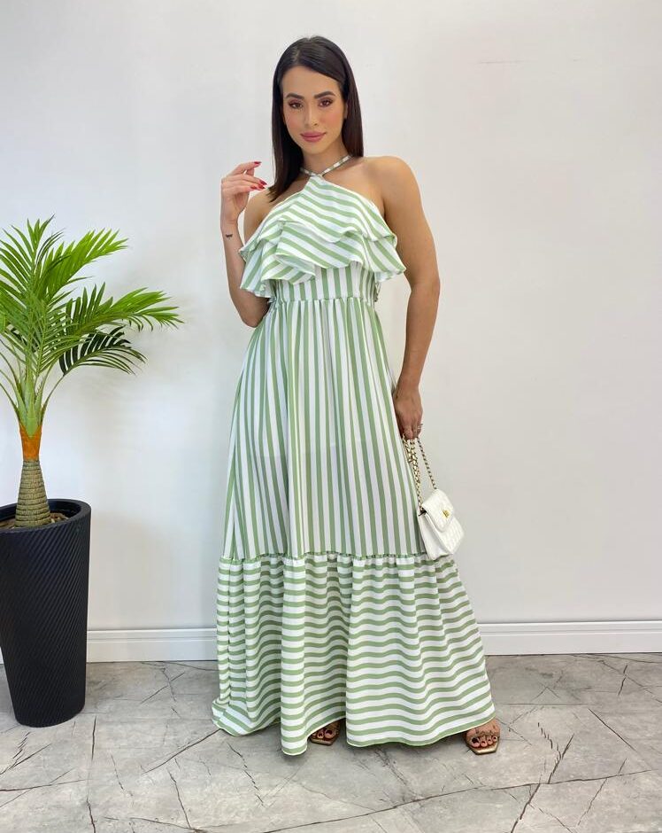 Vestido Longo Sophia sem Bojo Detalhe em Babado Listrado de Verde - Fernanda Ramos Store