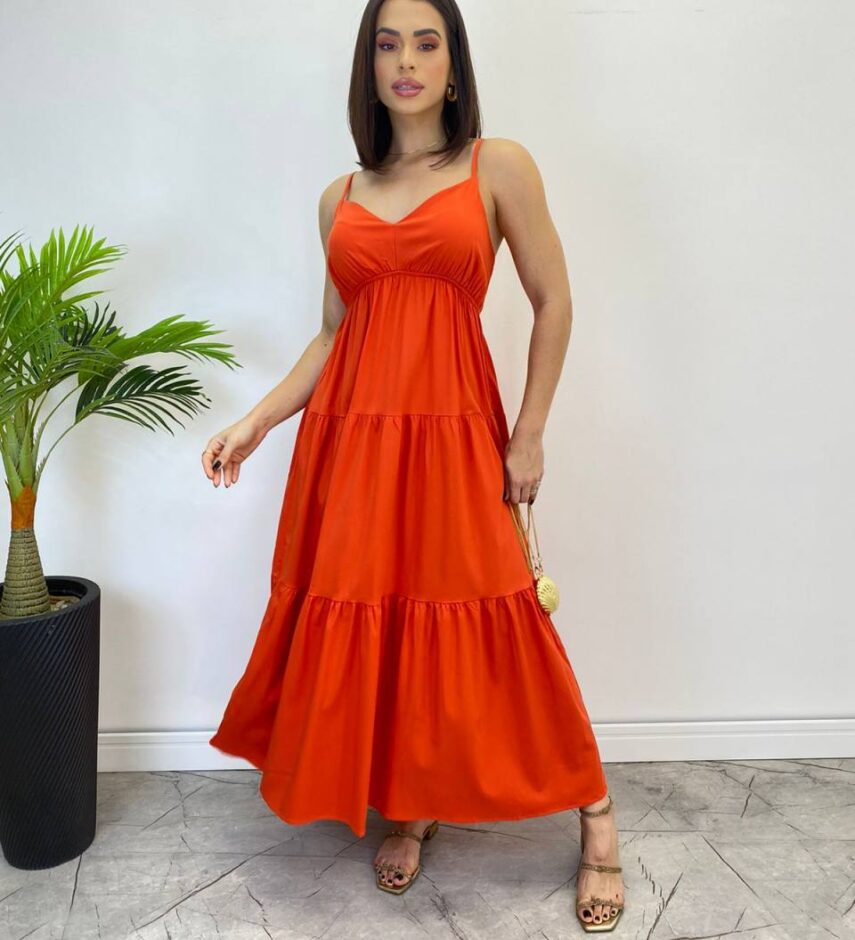 Vestido Longuete Jade sem Bojo com Lastex e Alça Regulável Coral - Fernanda Ramos Store