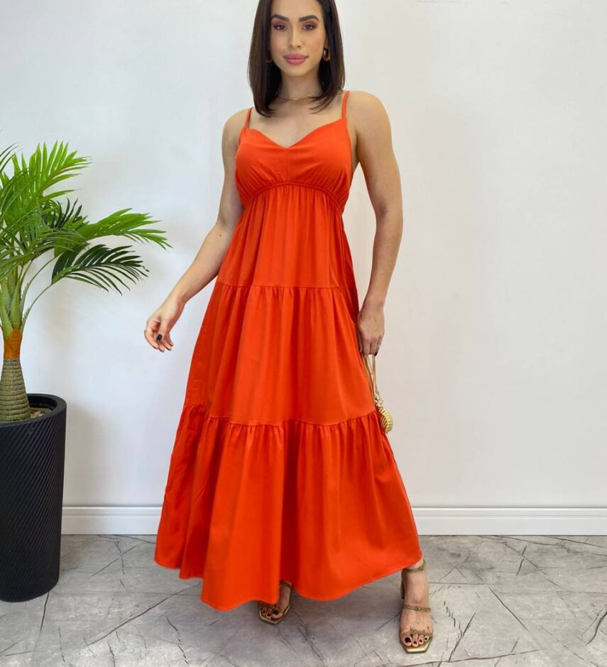 Vestido Longuete Jade sem Bojo com Lastex e Alça Regulável Coral - Fernanda Ramos Store