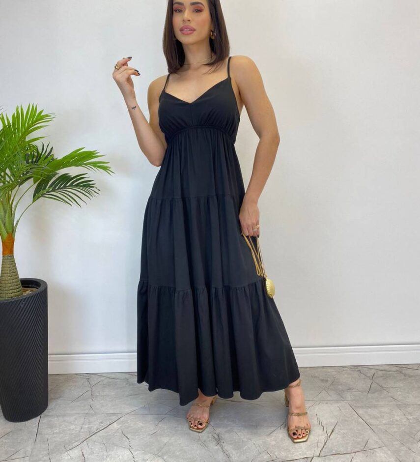 Vestido Longuete Jade sem Bojo com Lastex e Alça Regulável Preto - Fernanda Ramos Store