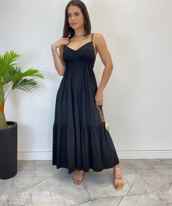 Vestido Longuete Jade sem Bojo com Lastex e Alça Regulável Preto - Fernanda Ramos Store