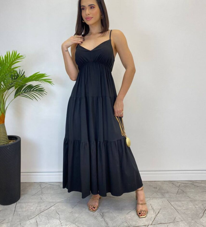 Vestido Longuete Jade sem Bojo com Lastex e Alça Regulável Preto - Fernanda Ramos Store