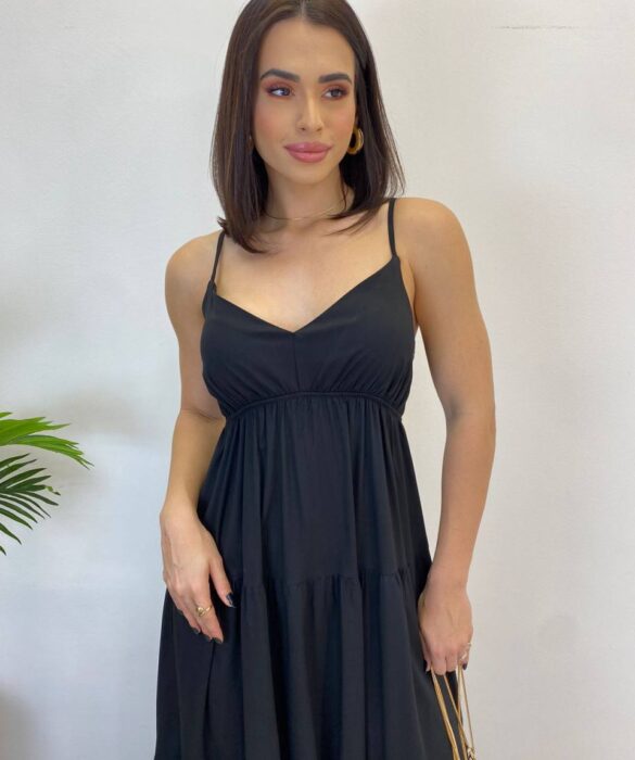 Vestido Longuete Jade sem Bojo com Lastex e Alça Regulável Preto - Fernanda Ramos Store