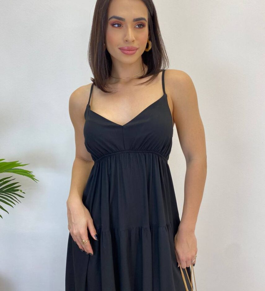 Vestido Longuete Jade sem Bojo com Lastex e Alça Regulável Preto - Fernanda Ramos Store