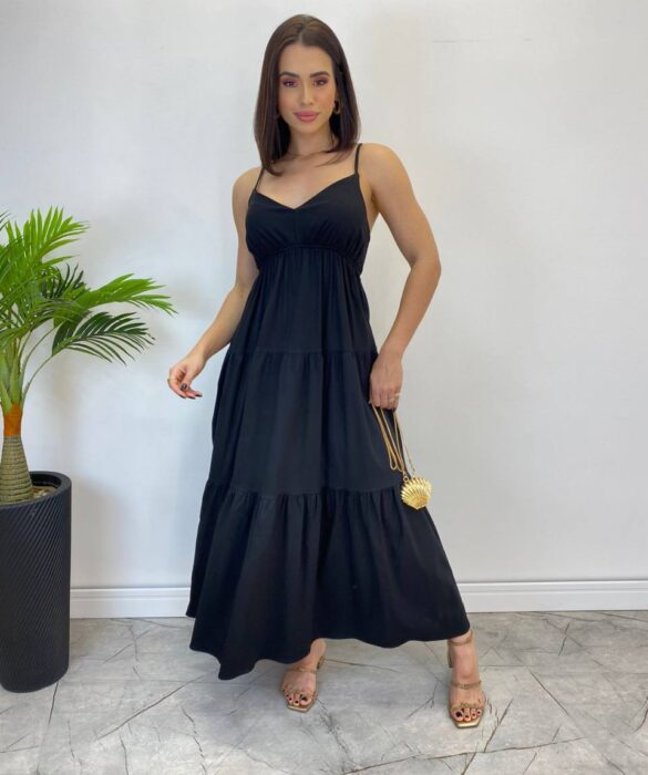 Vestido Longuete Jade sem Bojo com Lastex e Alça Regulável Preto - Fernanda Ramos Store