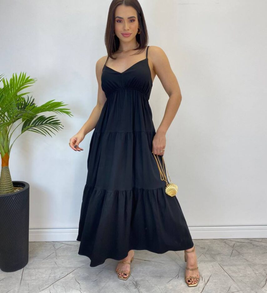 Vestido Longuete Jade sem Bojo com Lastex e Alça Regulável Preto - Fernanda Ramos Store