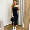 Vestido Midi Ana com Bojo e Fenda Canelado Preto - Fernanda Ramos Store