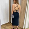 Vestido Midi Ana com Bojo e Fenda Canelado Preto - Fernanda Ramos Store