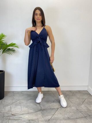 Vestido Midi Bia com Bojo e Fenda Poá Azul Marinho - Fernanda Ramos Store