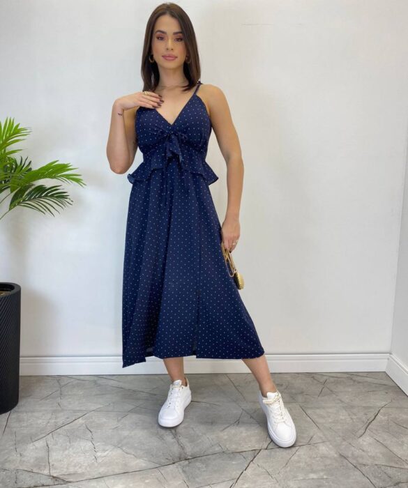 Vestido Midi Bia com Bojo e Fenda Poá Azul Marinho - Fernanda Ramos Store