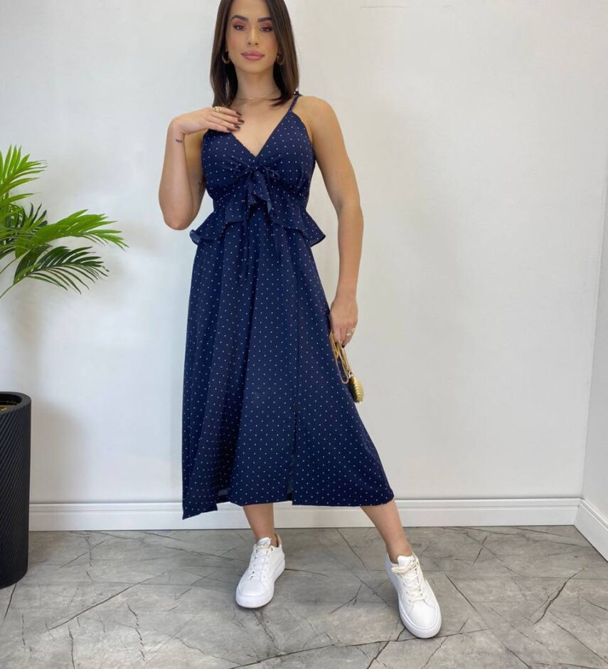 Vestido Midi Bia com Bojo e Fenda Poá Azul Marinho - Fernanda Ramos Store