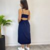 Vestido Midi Bia com Bojo e Fenda Poá Azul Marinho - Fernanda Ramos Store